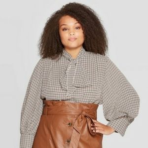 WWW Houndstooth print balloon long sleeve tie neck